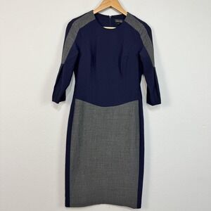 Teri Jon Rickie Freeman Dress Women's 2 Blue Gray Colorblock Sheath 3/4 Sleeve